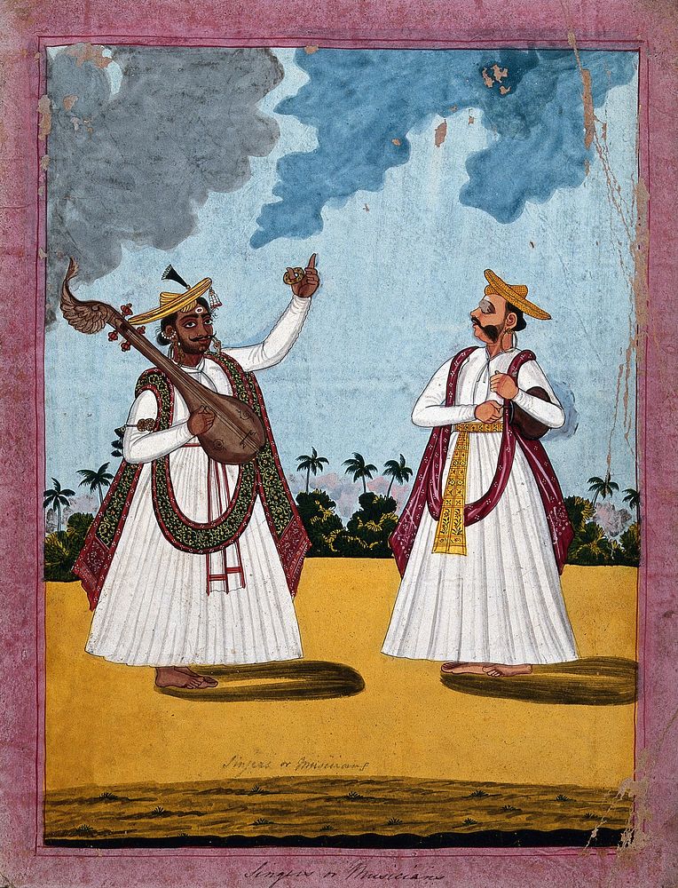 Indian musicians and singers. Gouache drawing.