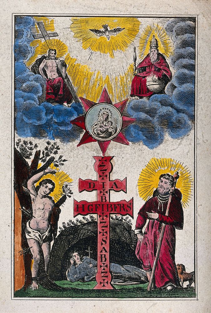 The Holy Cross, surrounded by Saint Sebastian, Saint Roch, and Saint John Nepomuk, and (above) the appearance of the…
