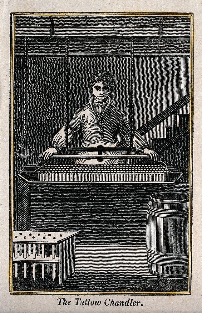 A man stands with a large container which he is lowering into a vat. Wood engraving.