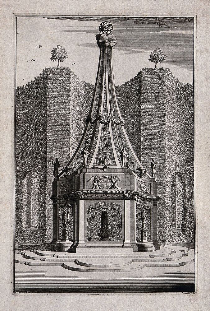 An ornate garden obelisk with statuettes of people and birds. Etching by J. Goeree after S. Schynvoet, early 18th century.