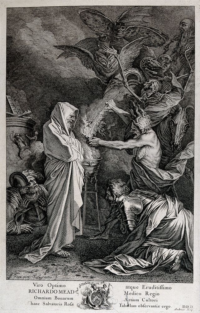 Saul consults Samuel after the witch of Endor has conjured him from the dead; demons crowd the background. Engraving by A.…