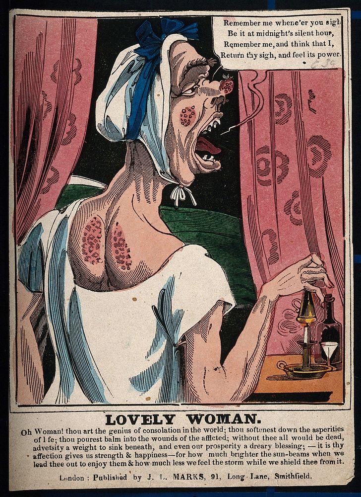 A carbuncled woman retiring to bed; creating a satirical figure of female vanity. Coloured wood engraving.