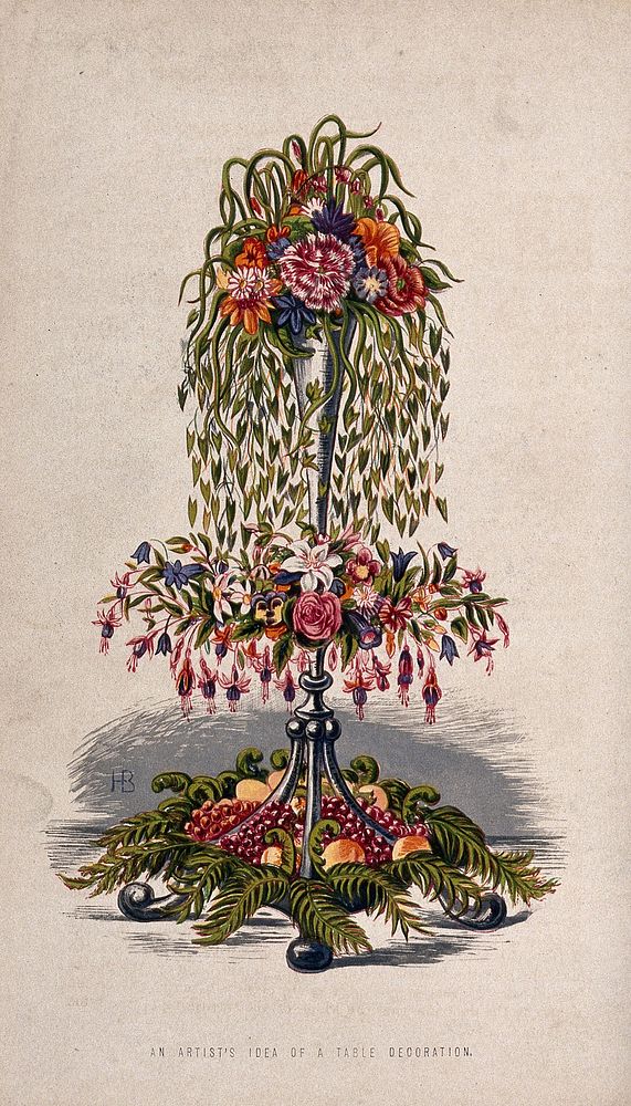 An elaborate floral arrangement. Chromolithograph, c. 1870, after H. Briscoe.
