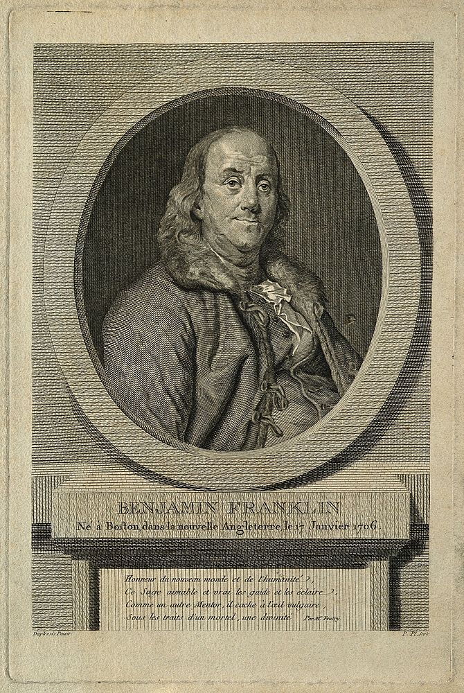 Benjamin Franklin. Line engraving by P. Plon after J. Chevillet after J. S. Duplessis, 1778.
