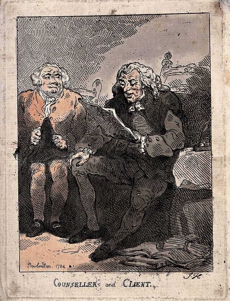 A man sitting in a chair, reading a document to another man who holds his hat in his lap. Coloured etching by T. Rowlandson…