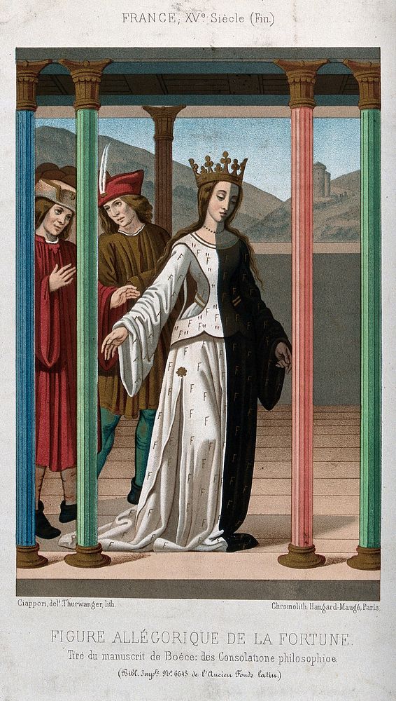 A woman wearing a crown and a dress covered with the letter F, walks inside an open loggia where she is followed by two men;…