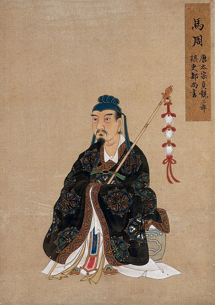 A Chinese seated figure with ornamental bamboo staff and head-dress. Painting by a Chinese artist, ca. 1850.