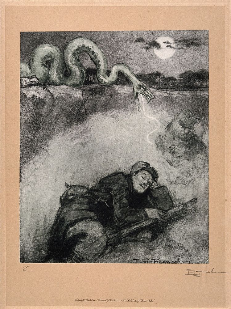 World War One: a large snake, symbolic of a gas attack, strikes at a sleeping soldier. Colour halftone after a crayon…