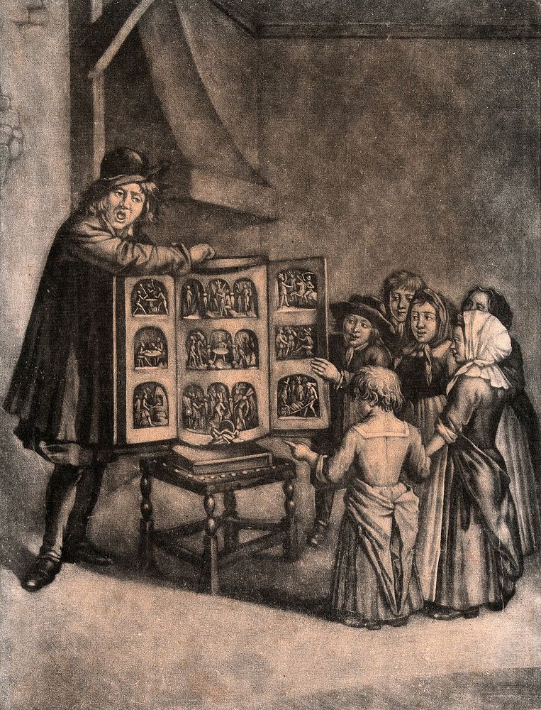 A man has an open box with figures in it resting on a chair, young children are crowding round to see the show. Mezzotint…