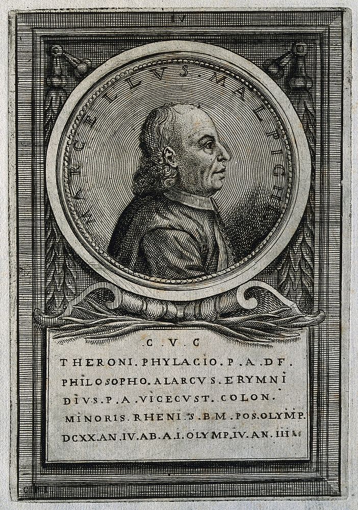 Marcello Malpighi. Line engraving by C.P., ca. 1708.