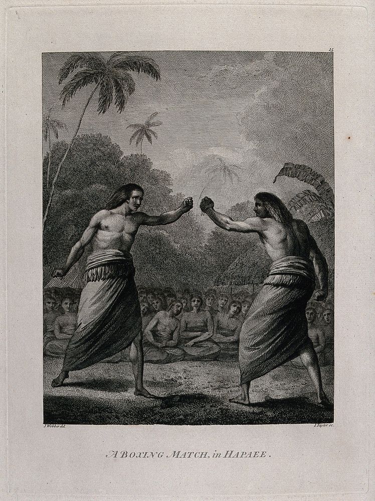 A boxing match in Tonga witnessed by Captain Cook. Engraving by J. Taylor, 1782, after J. Webber, 1778.