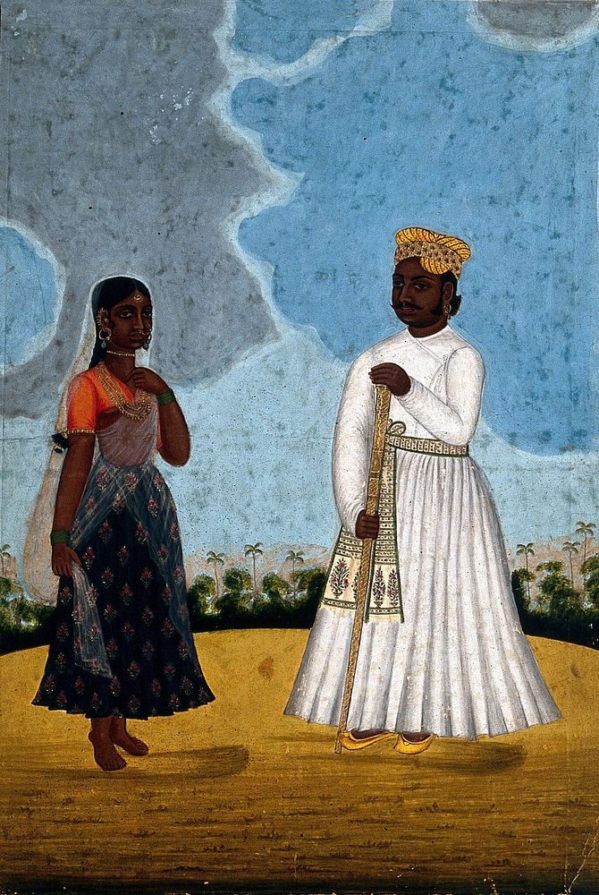 A Moorish man with wife. Gouache drawing.