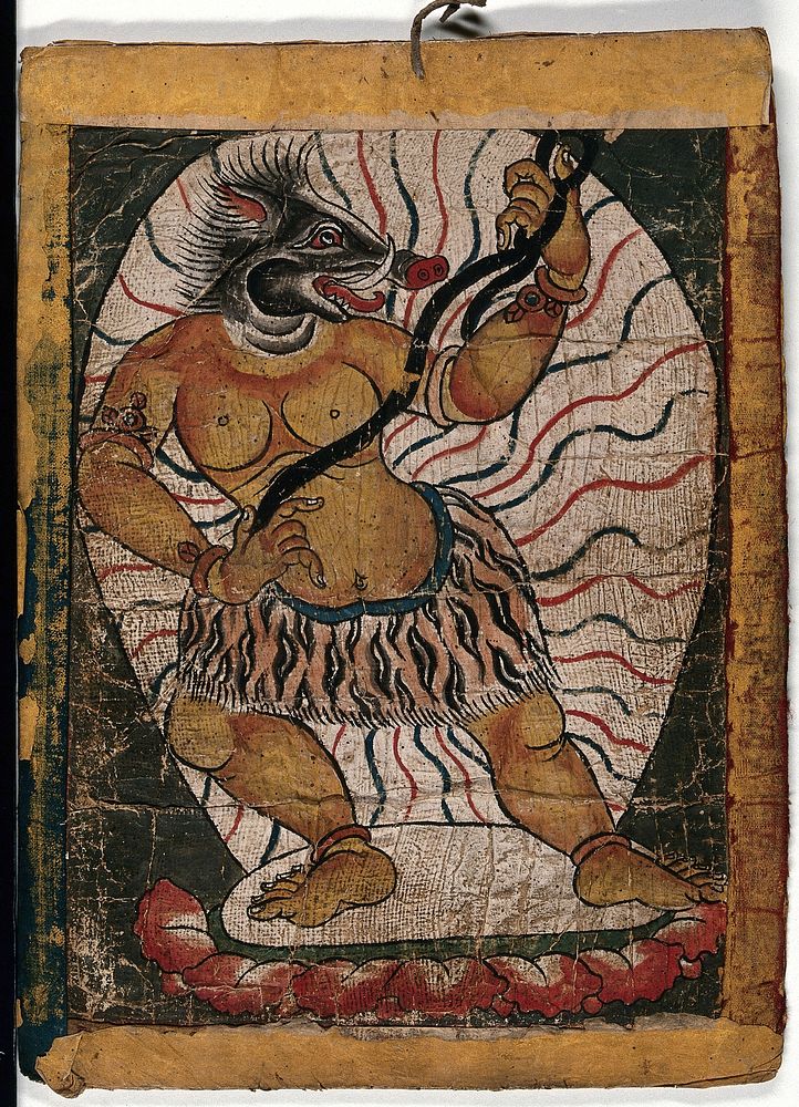 A Tibetan demon with a boar's head, pulling a black rope . Gouache painting by a Tibetan artist.