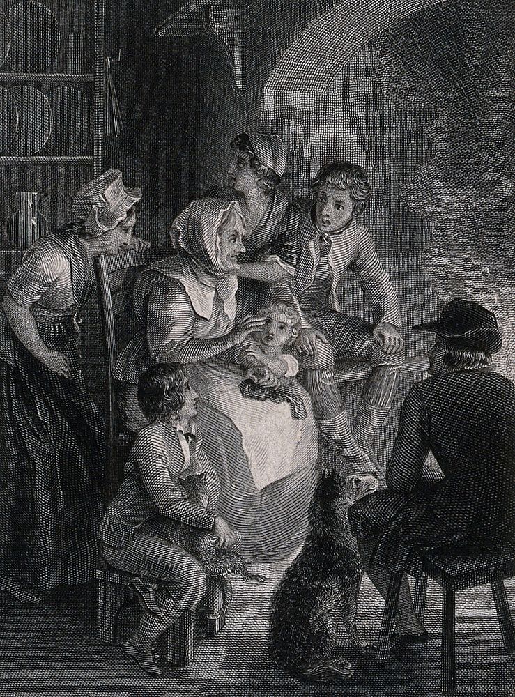 An old woman is telling some children a story which they appear to be disturbed by. Engraving by H.C. Shenton after T.…