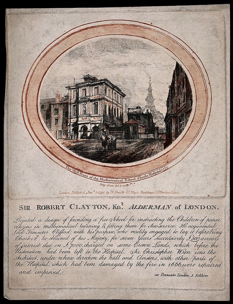 Christ's Hospital, London: the Mathematical School. Etching in two colours by B. Green, 1793, after himself, 1775.