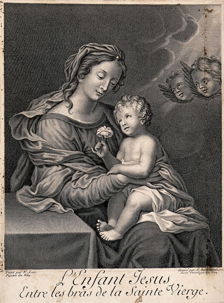Saint Mary (the Blessed Virgin) with the Christ Child. Line engraving by N. Bazin, 1689, after N.P. Loir.