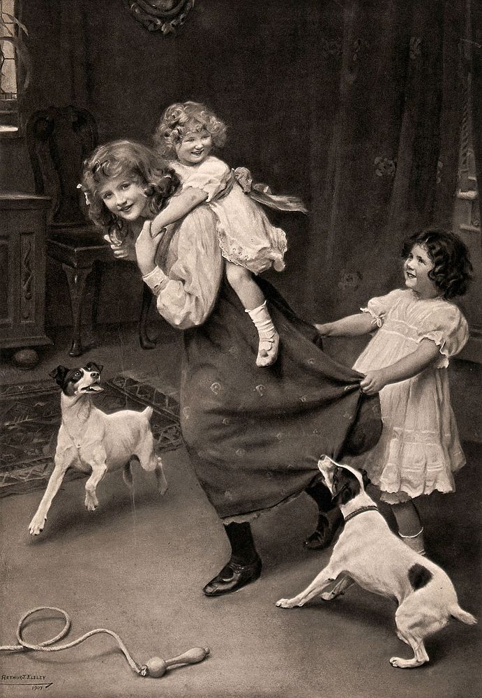 A girl giving a piggy-back to a younger girl. Photogravure after Arthur J. Elsley, 1907.