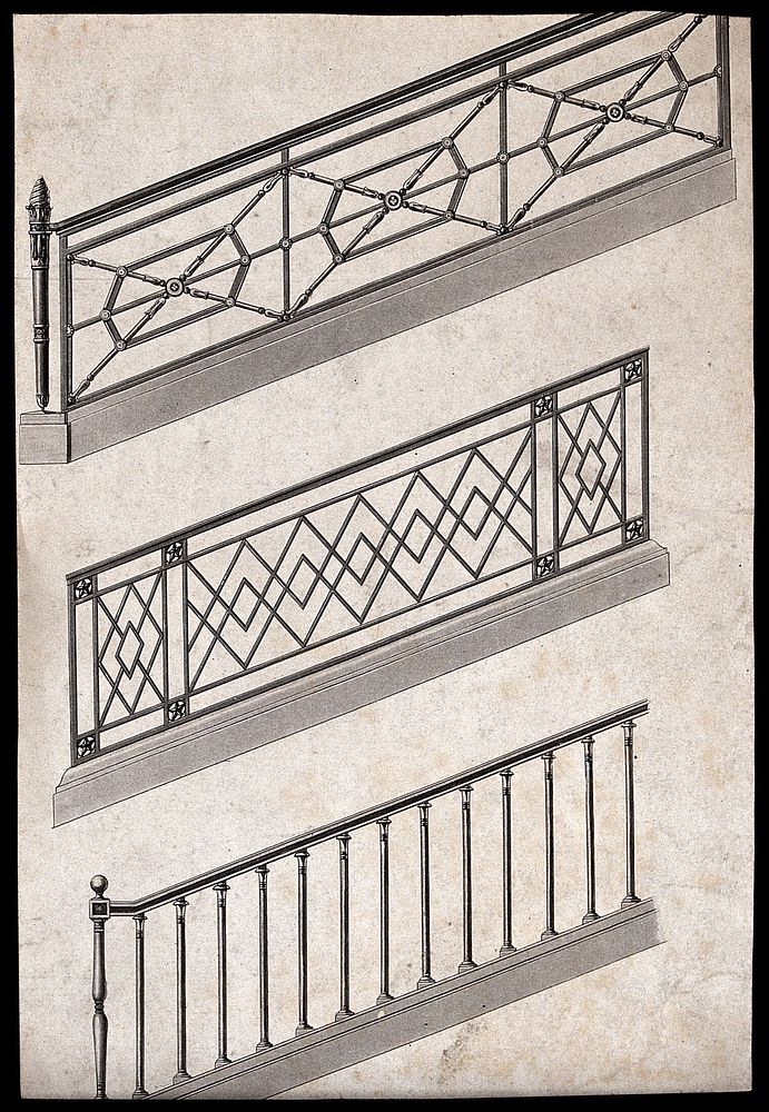 Architecture: three designs for stair balustrades. Etching.