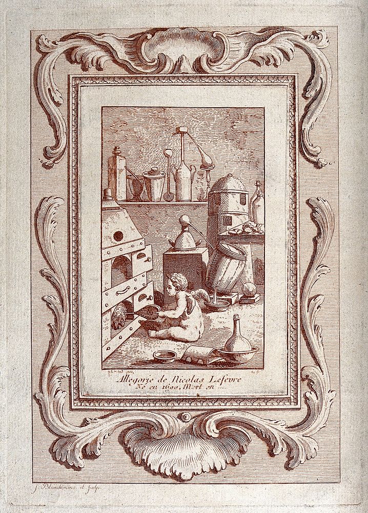 An infant blowing bellows into a furnace; allegory of the role of N. Lefevre in chemistry. Etching by J-G. Blanchon, 18th…