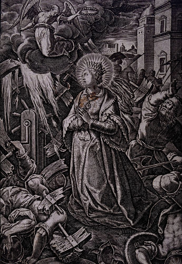 Martyrdom of Saint Catherine. Engraving by J. Le Clerc.