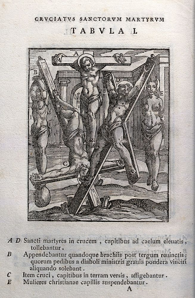 Martyrdom of five saints by elaborate crucifixion. Woodcut.