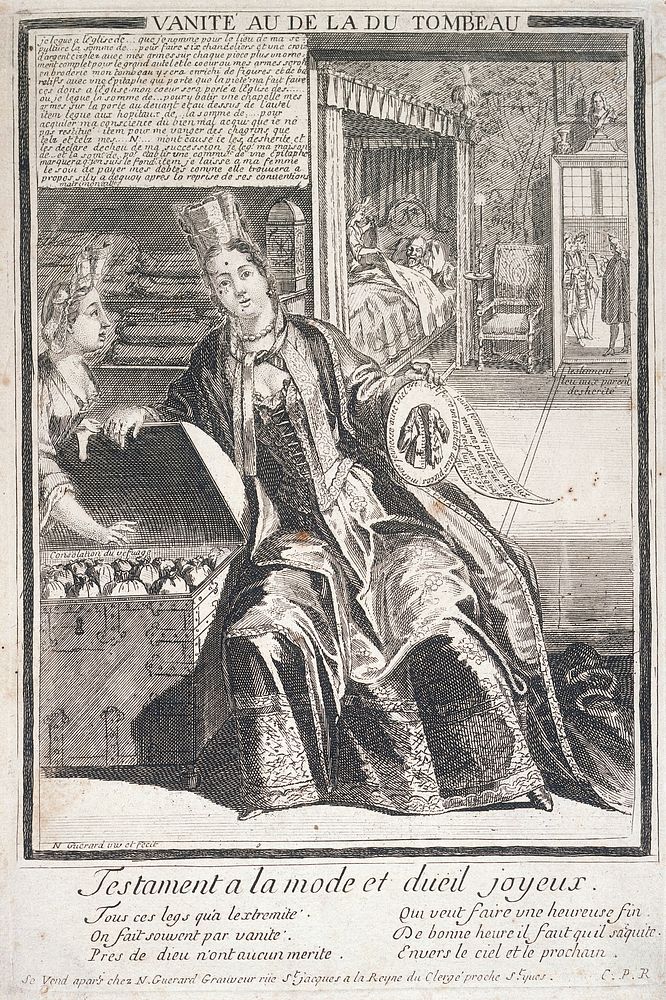 A vain man making extravagant charitable bequests. Engraving by N. Guérard, 1715/1719.