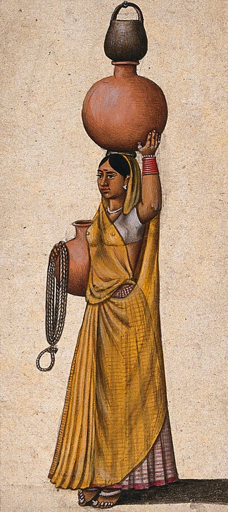 A woman carrying two earthenware pots to transport water and a rope and a black pot to draw water from the well. Gouache…