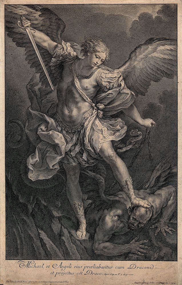 Saint Michael the Archangel: he tramples on the head of the devil and raises his sword against him. Engraving by J. Frey…