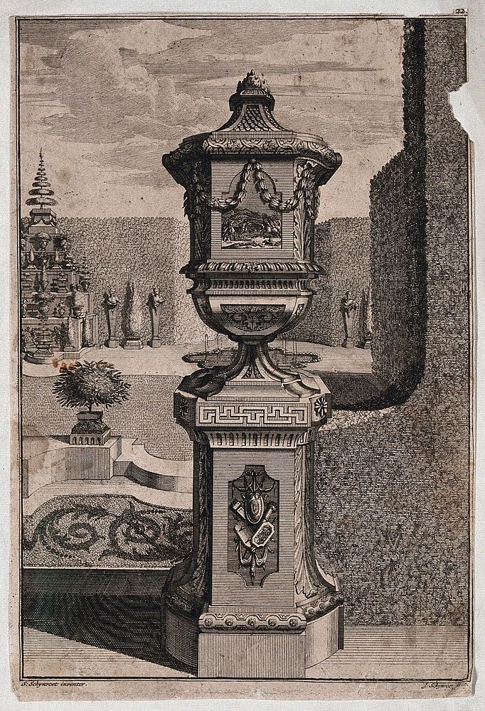 An ornate vase and pedestal with a battle scene carved on the side, in a classical garden. Etching by J. Schynvoet, c. 1701…