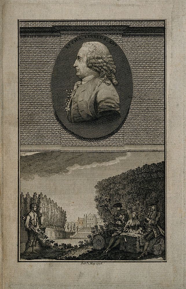 Carolus Linnaeus: (above) profile portrait; (below) studying a plant in the botanic garden of Uppsala University. Line…