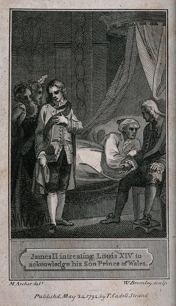 James II acompanied by his son visits Louis XIV. Engraving, 1794, by W. Bromley after M. Archer.