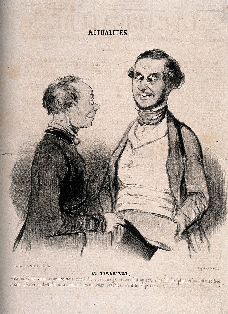 Two friends conversing about a recent operation for strabismus. Lithograph by H. Daumier, 1841.