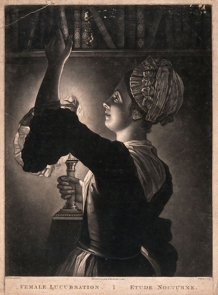 A young woman, wearing an apron and a cap, holding a lamp to light the shelf as she takes down a book. Mezzotint by P. Dawe…