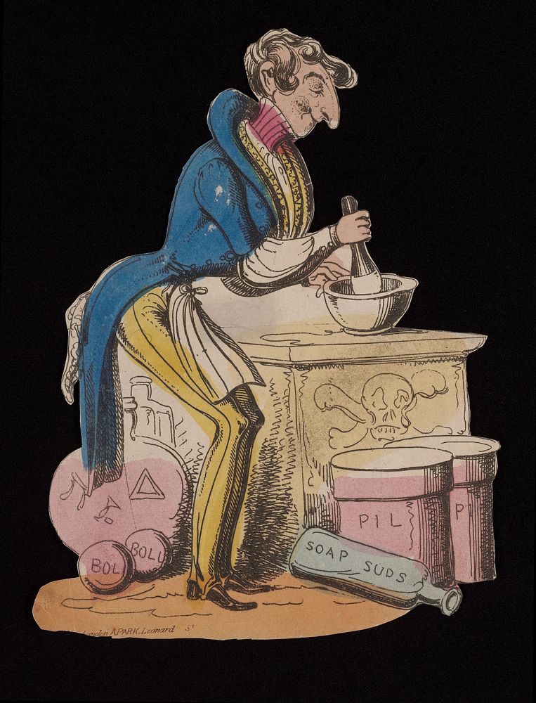An apothecary using a pestle and mortar to make up a prescription. Coloured etching.