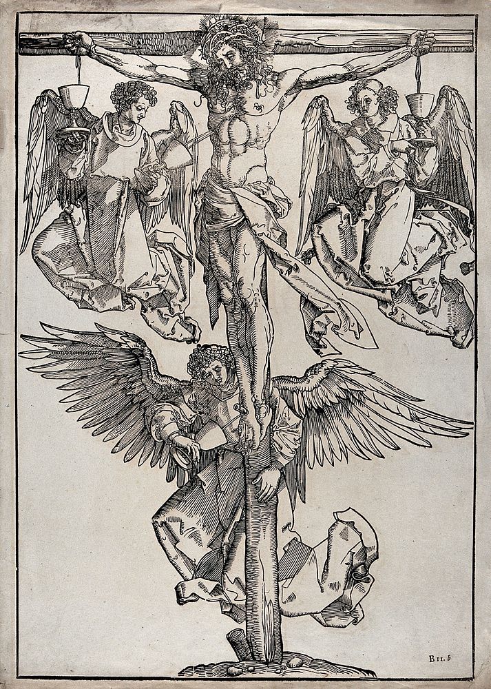 The crucified Christ bleeds into cups held by attending angels. Woodcut.