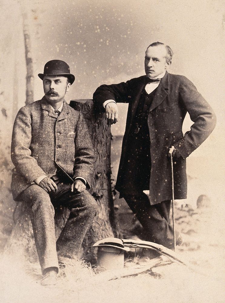 Two American men: studio portrait: one seated on a tree stump, one standing, leaning on the tree stump. Photograph, ca. 1880.