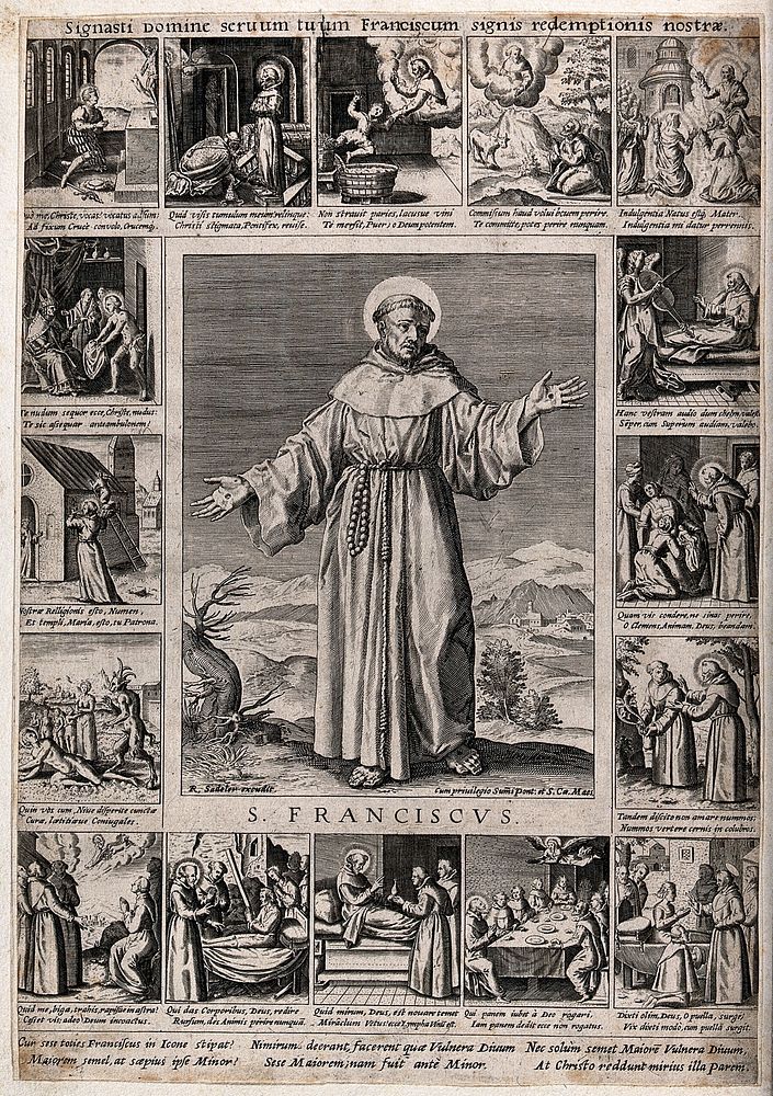 Saint Francis of Assisi: episodes in his life; centre, Saint Francis standing on Mount Alvernia. Engraving, 16--.