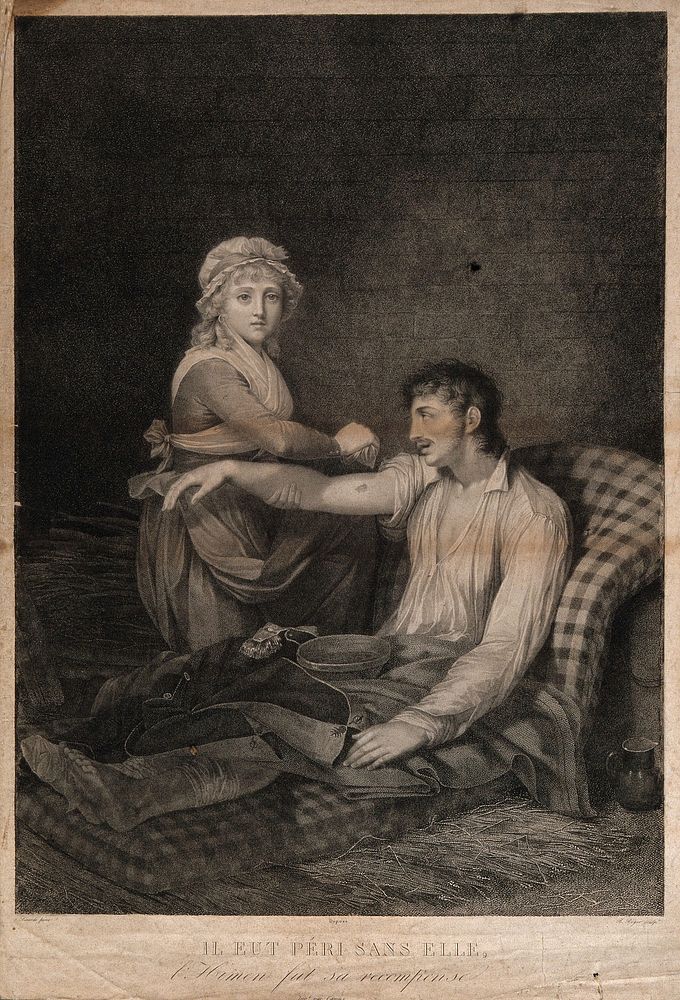 A frail and wounded soldier being saved from death by the care of his young wife. Etching by B. Roger after L. Sicard.