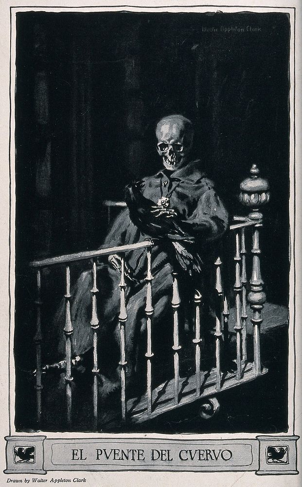 A skeleton dressed in a coat sits on a balcony and strokes a raven. Process print after Walter Appleton Clark.