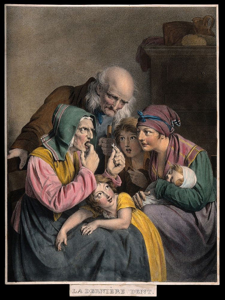 An old woman showing a young mother and three children her last tooth. Coloured lithograph.