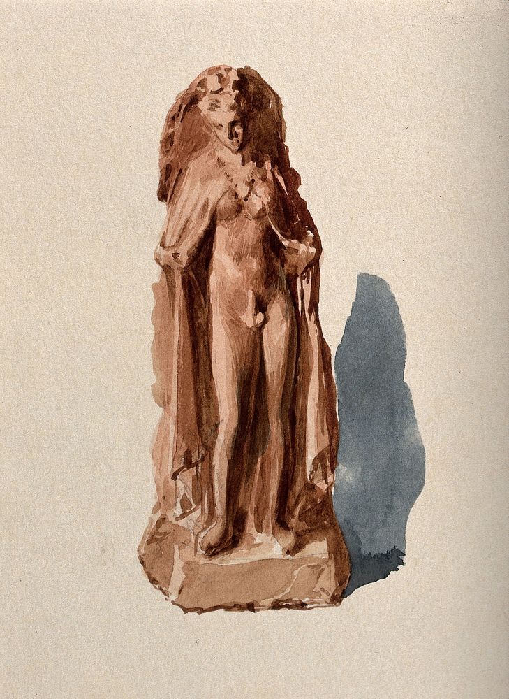 A clay figure of an intersex person revealing their genital area (Hermaphroditos anasyromenos). Watercolour.