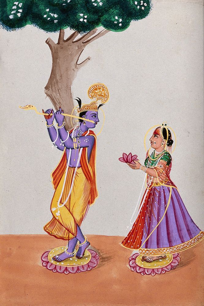 Radha and Krishna. Gouache drawing.