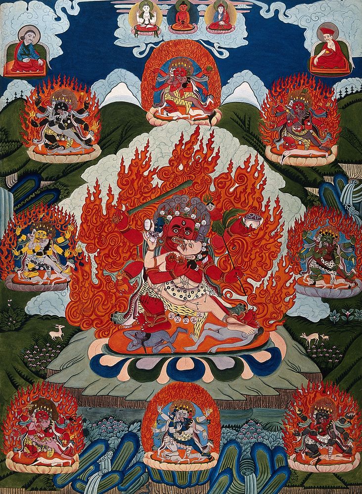 Mahakala with his Shakti. Gouache painting by a Tibetan artist.