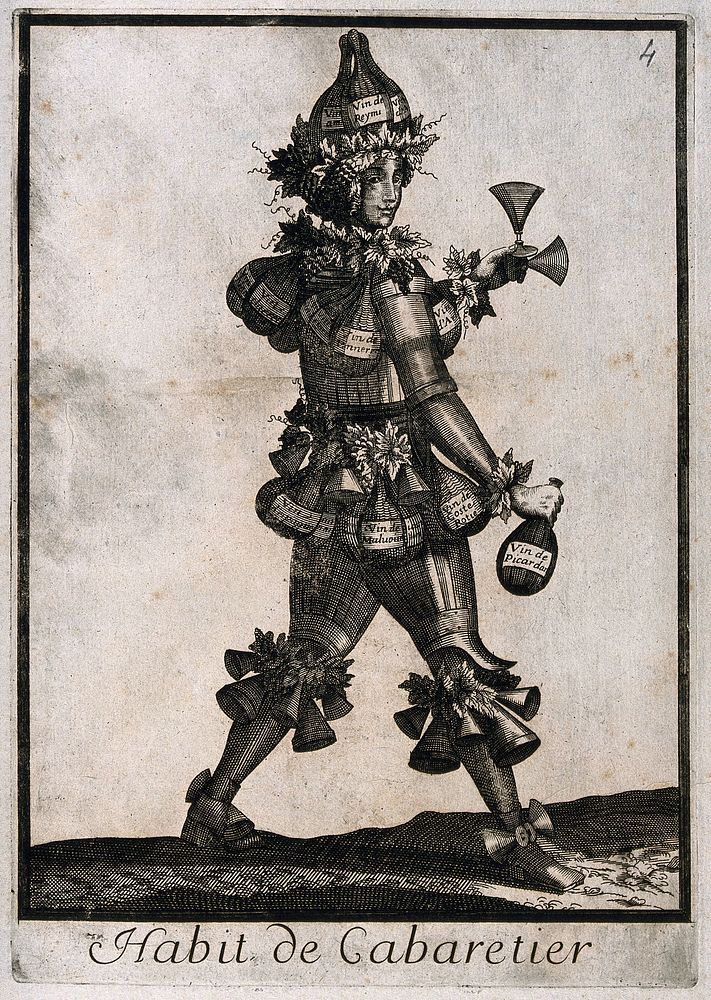 An innkeeper composed of wine bottles and grapes. Engraving, c. 1660 .