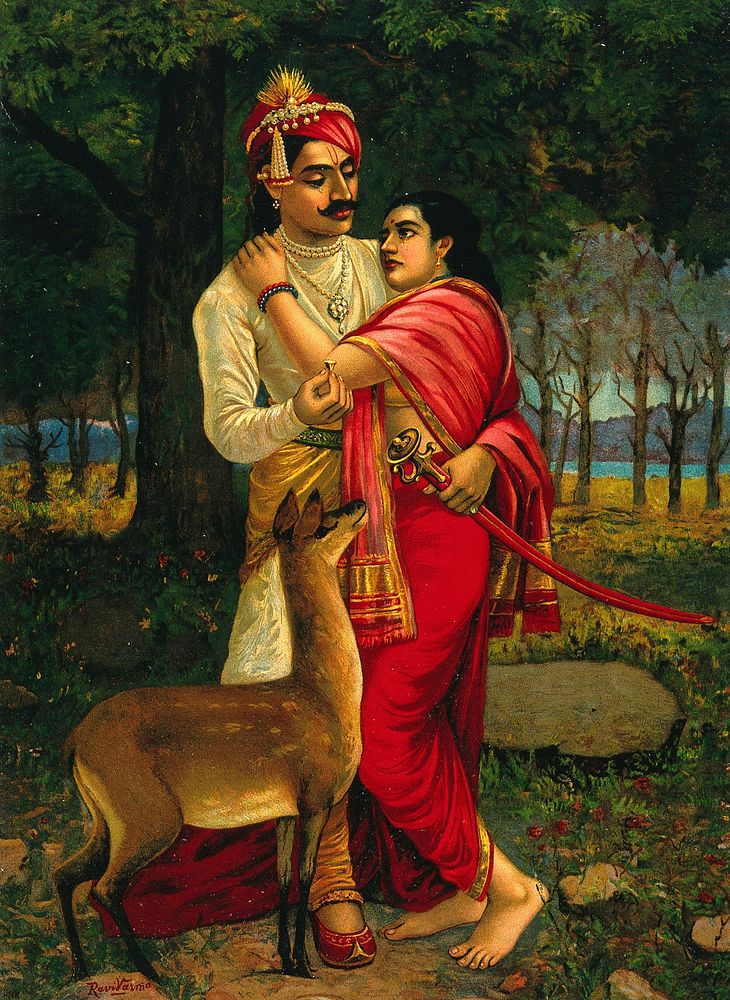 King Dushyanta proposing marriage with a ring to Shakuntala. Chromolithograph by R. Varma.