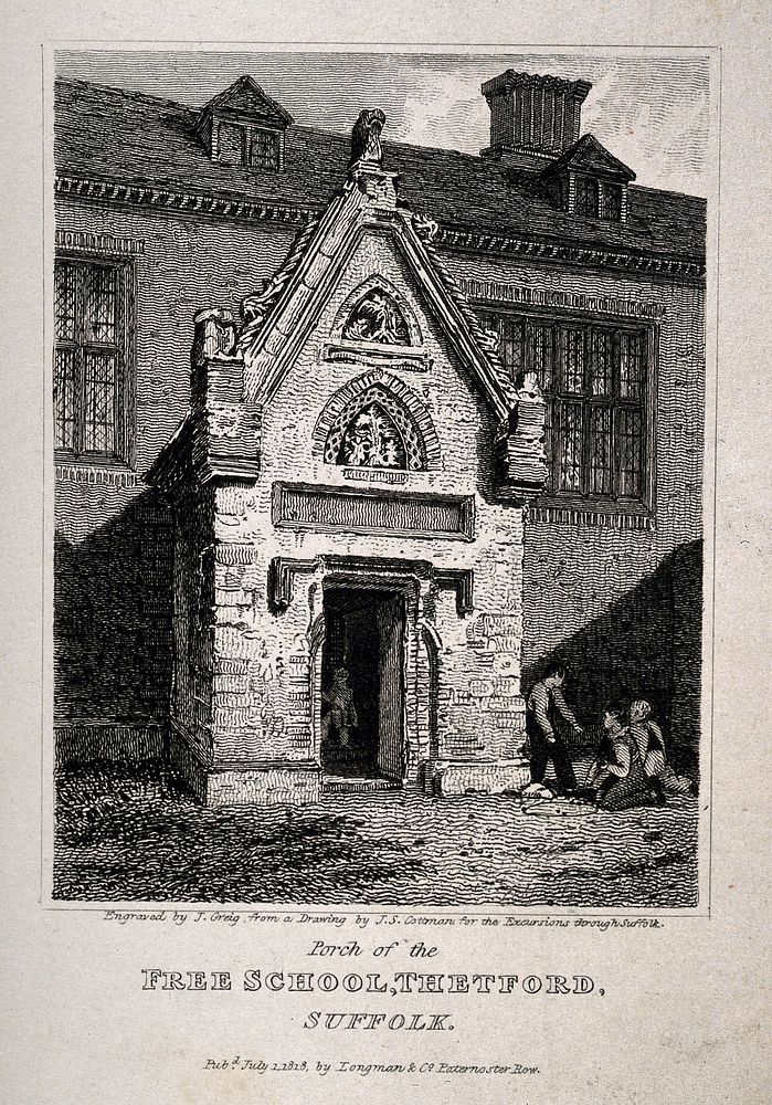 Free School, Thetford, Suffolk: doorway. Etching by J. Greig, 1818, after J.S. Cotman.