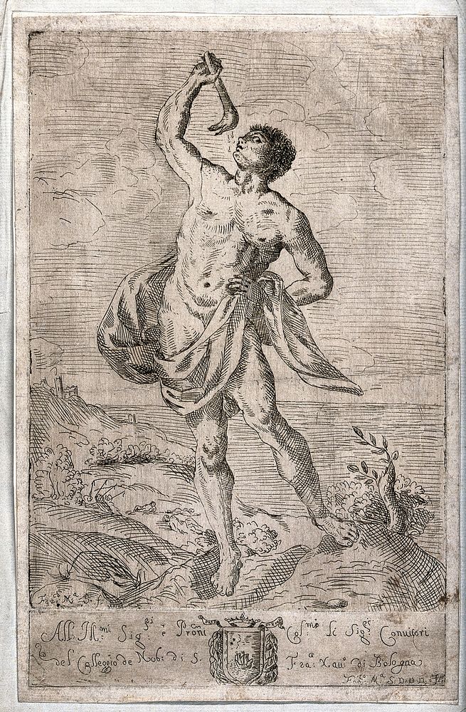Samson drinking water from the ass's jawbone with which he slayed the Philistines. Etching by Francesco Maria S. after G.…
