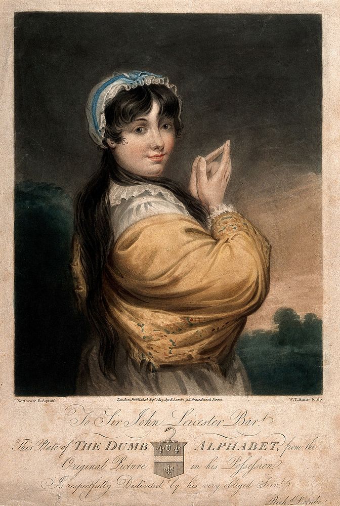 A woman using sign language. Coloured aquatint by W.T. Annis, 1819, after J. Northcote.