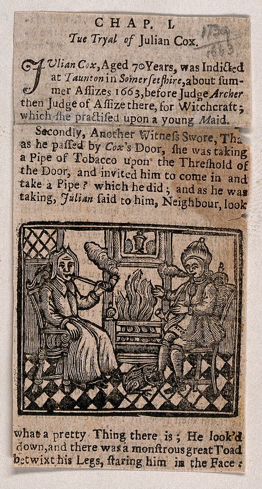 Julian Cox of Taunton and a man sit smoking by the hearth; a toad is by the feet of the man. Woodcut.
