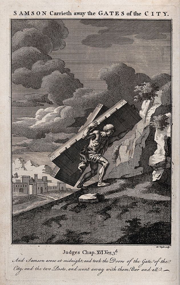 Samson carries the gates of Gaza up to the mount of Hebron. Etching by J. Taylor after F. Verdier, 1698.